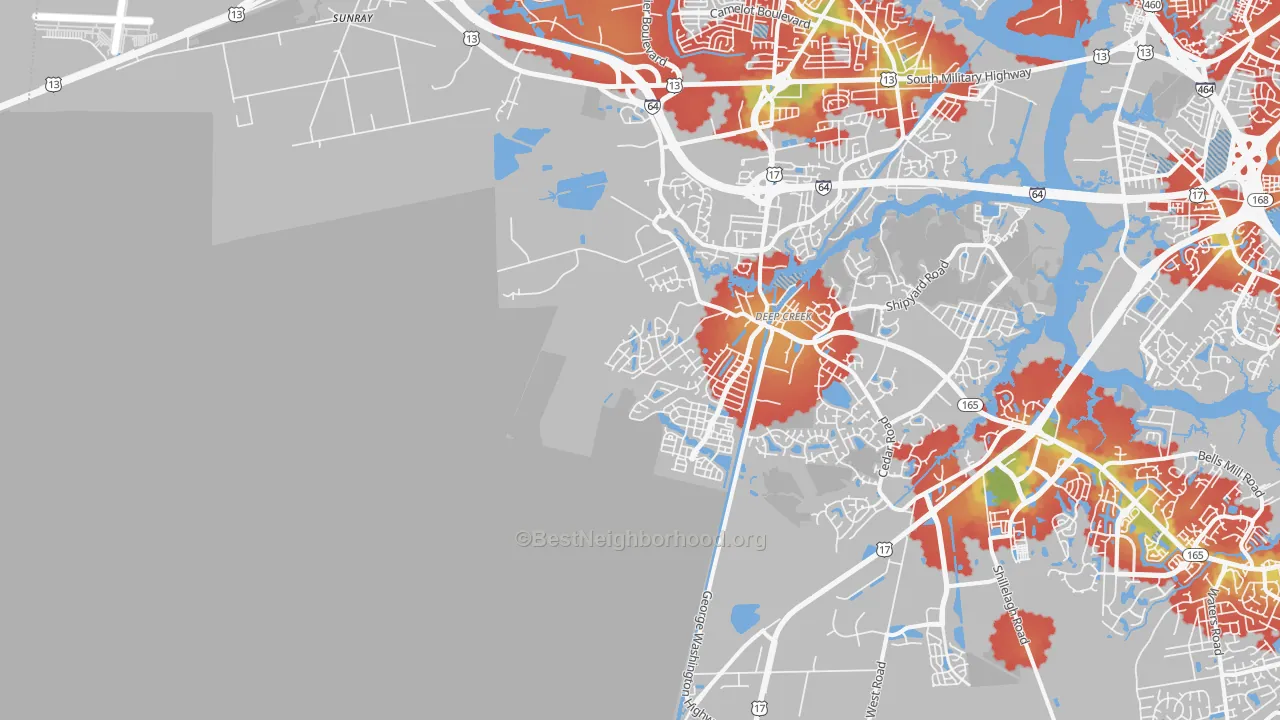 Walk Grade map of Deep Creek West, Chesapeake, VA, walkable areas in green and car-dependent areas in red