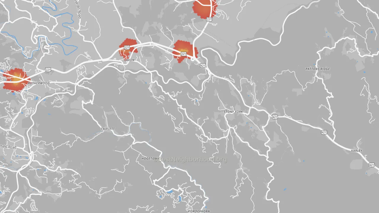 Walk Grade map of Deep Gap, NC, walkable areas in green and car-dependent areas in red