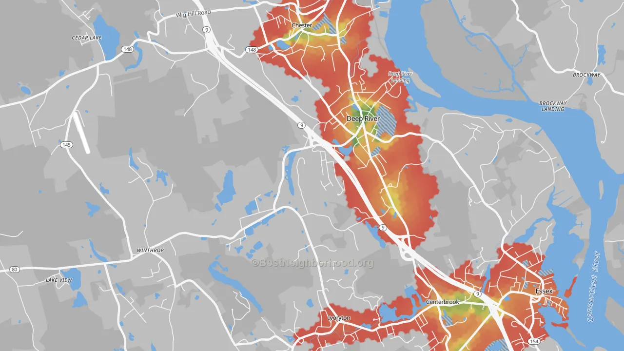 Walk Grade map of Deep River, CT, walkable areas in green and car-dependent areas in red