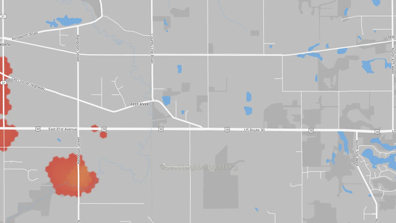 Walk Grade map of Deep River, IN, walkable areas in green and car-dependent areas in red