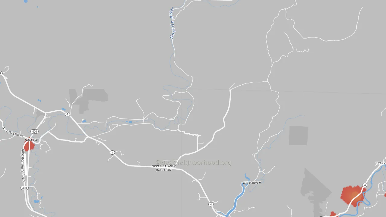 Walk Grade map of Deep River, WA, walkable areas in green and car-dependent areas in red