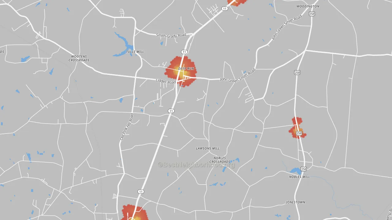 Walk Grade map of Deep Run, NC, walkable areas in green and car-dependent areas in red