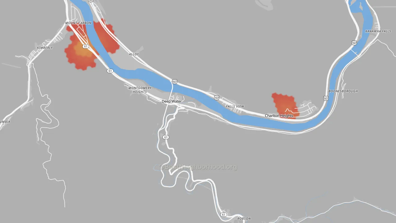 Walk Grade map of Deep Water, WV, walkable areas in green and car-dependent areas in red