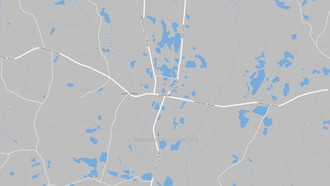 Walk Grade map of Deepstep, GA, walkable areas in green and car-dependent areas in red