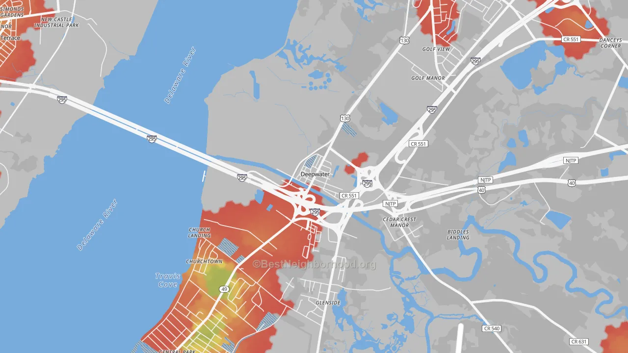 Walk Grade map of Deepwater, NJ, walkable areas in green and car-dependent areas in red