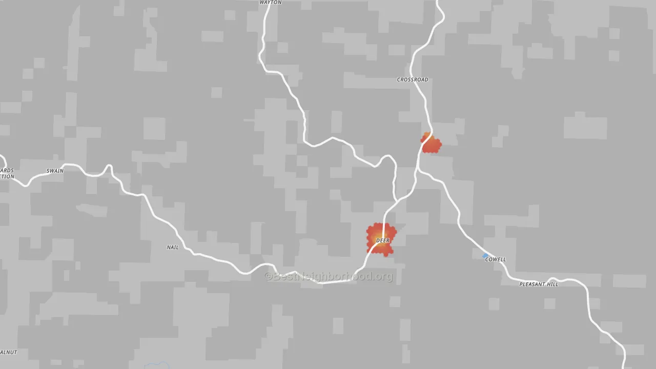 Walk Grade map of Deer, AR, walkable areas in green and car-dependent areas in red