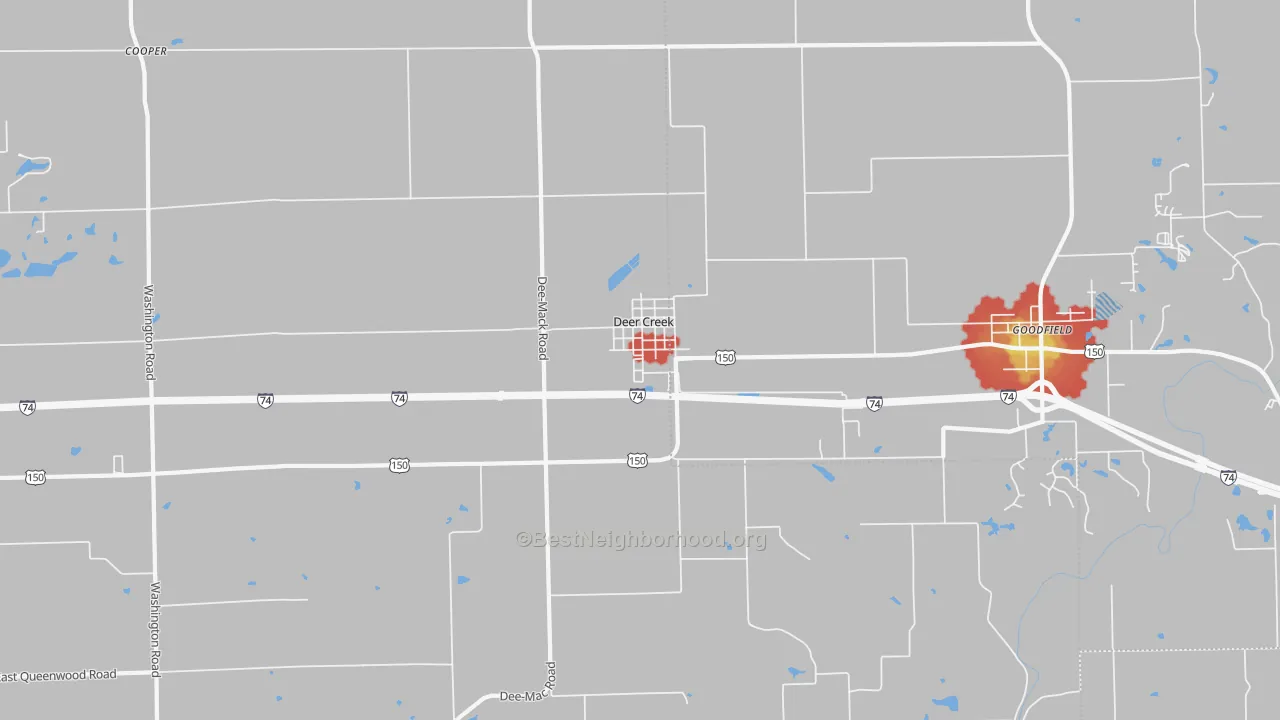 Walk Grade map of Deer Creek, IL, walkable areas in green and car-dependent areas in red