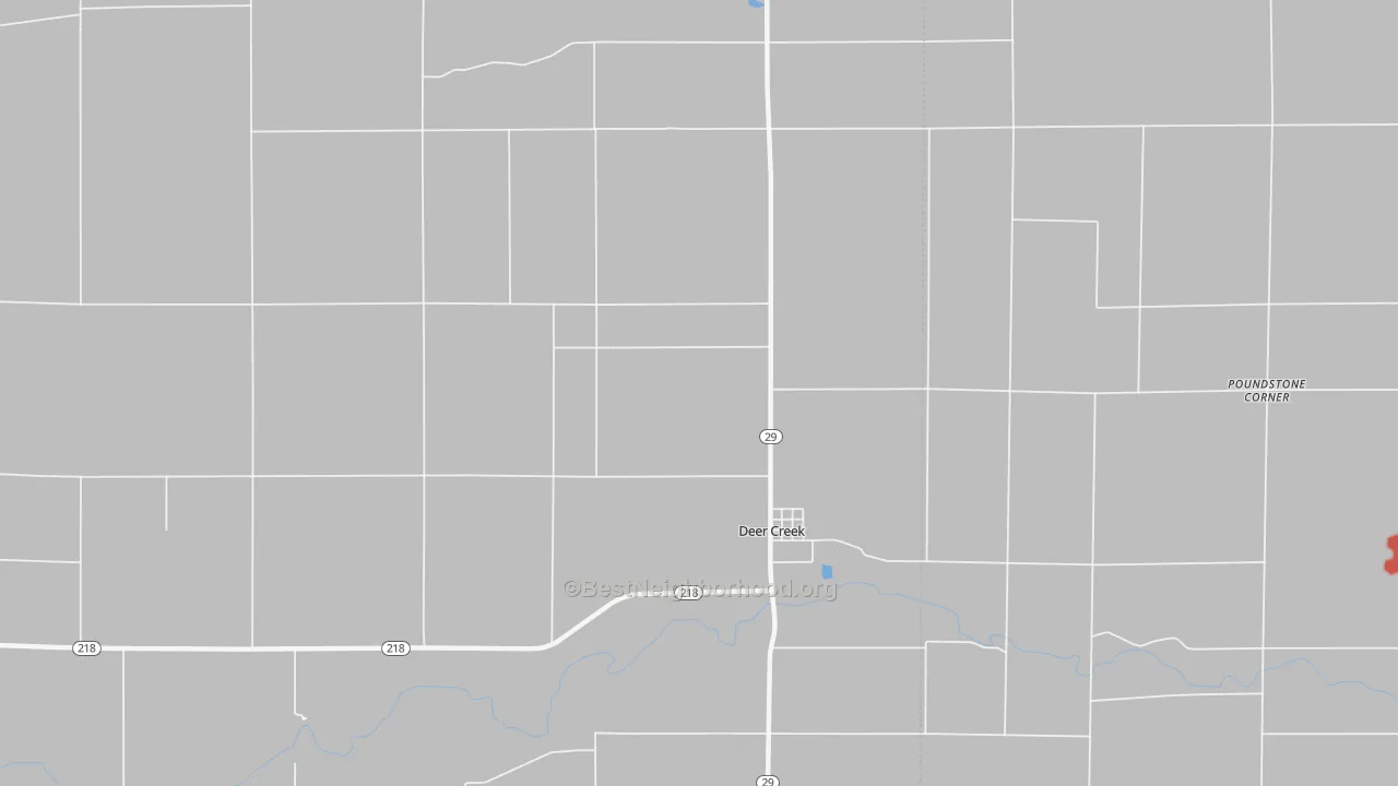 Walk Grade map of Deer Creek, IN, walkable areas in green and car-dependent areas in red