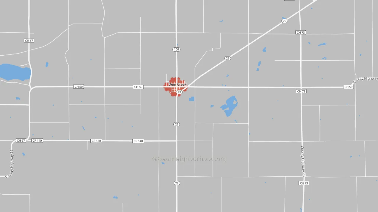 Walk Grade map of Deer Creek, MN, walkable areas in green and car-dependent areas in red