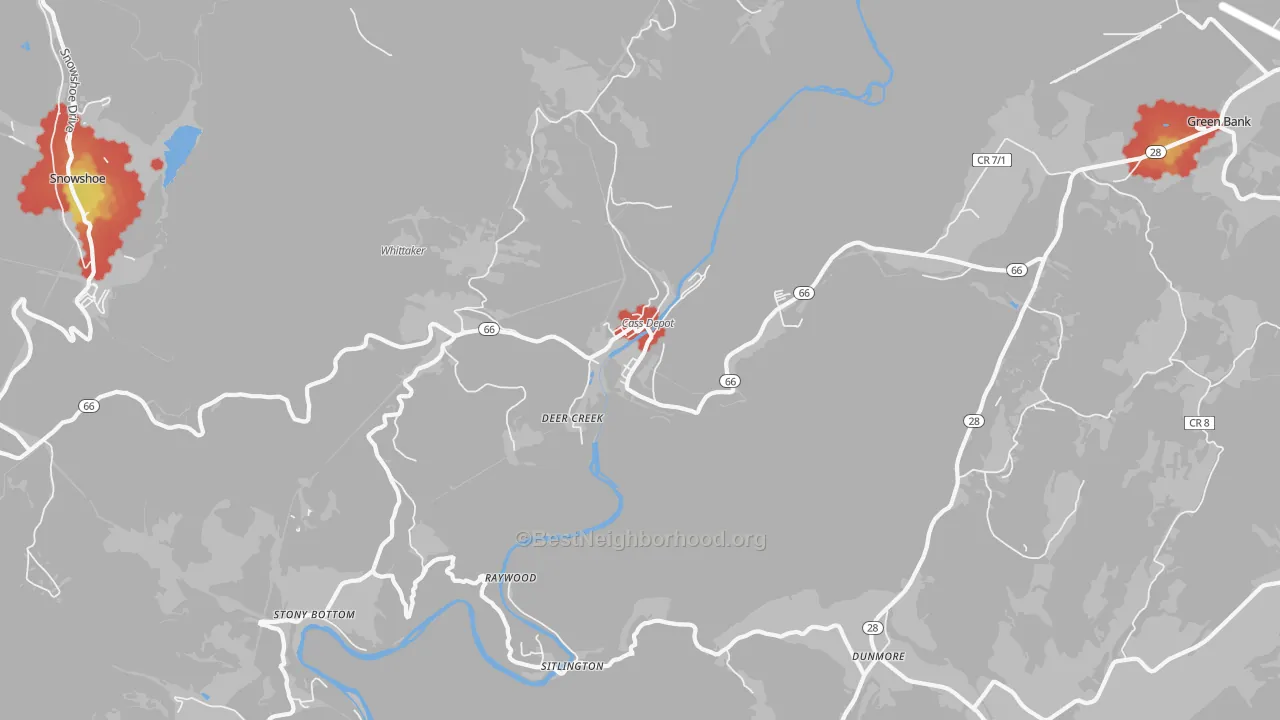 Walk Grade map of Deer Creek, WV, walkable areas in green and car-dependent areas in red