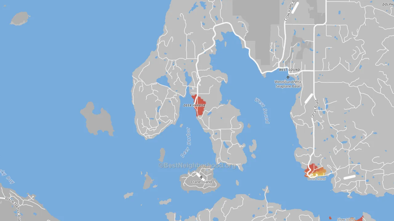 Walk Grade map of Deer Harbor, WA, walkable areas in green and car-dependent areas in red