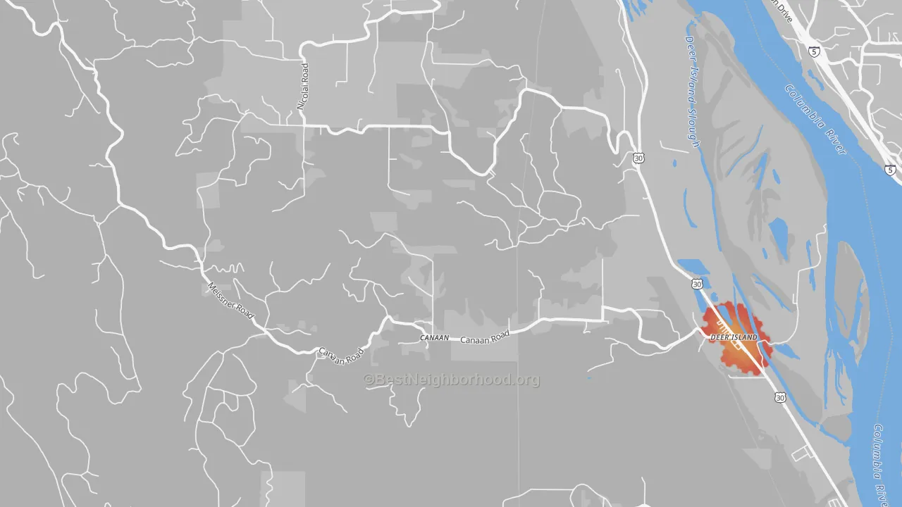 Walk Grade map of Deer Island, OR, walkable areas in green and car-dependent areas in red