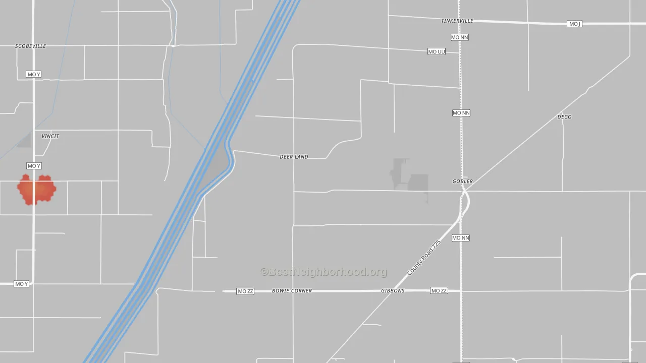Walk Grade map of Deer Land, MO, walkable areas in green and car-dependent areas in red