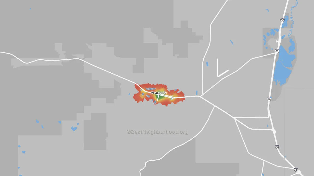Walk Grade map of Deer Lodge County, MT, walkable areas in green and car-dependent areas in red