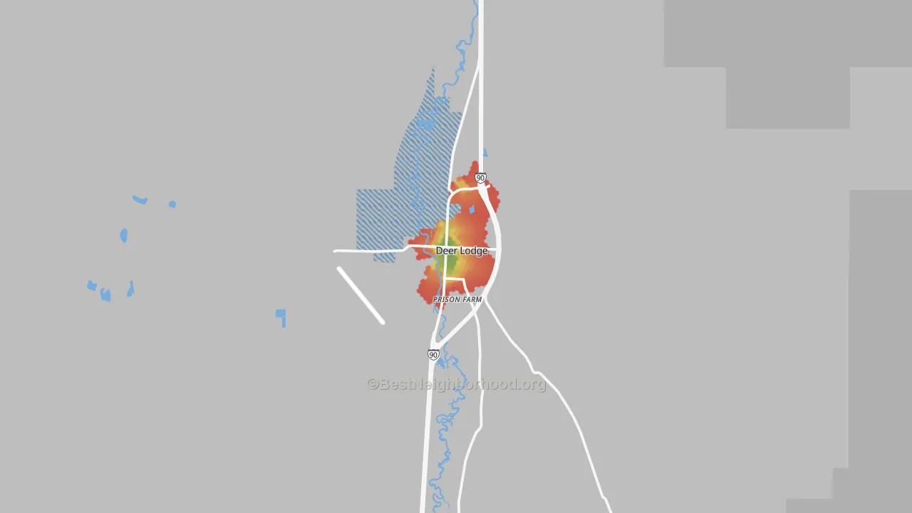 Walk Grade map of Deer Lodge, MT, walkable areas in green and car-dependent areas in red