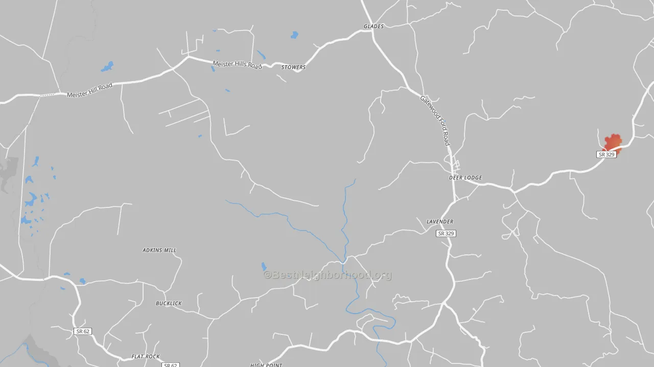 Walk Grade map of Deer Lodge, TN, walkable areas in green and car-dependent areas in red