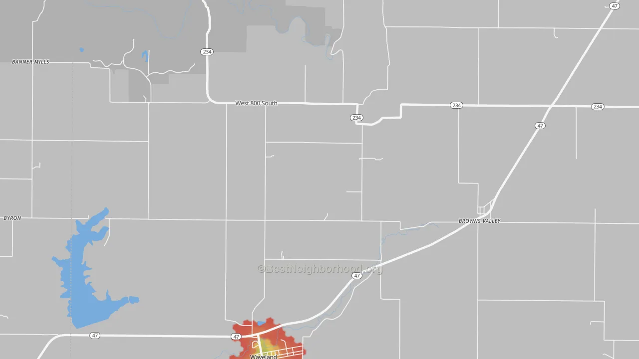 Walk Grade map of Deer Mill, IN, walkable areas in green and car-dependent areas in red