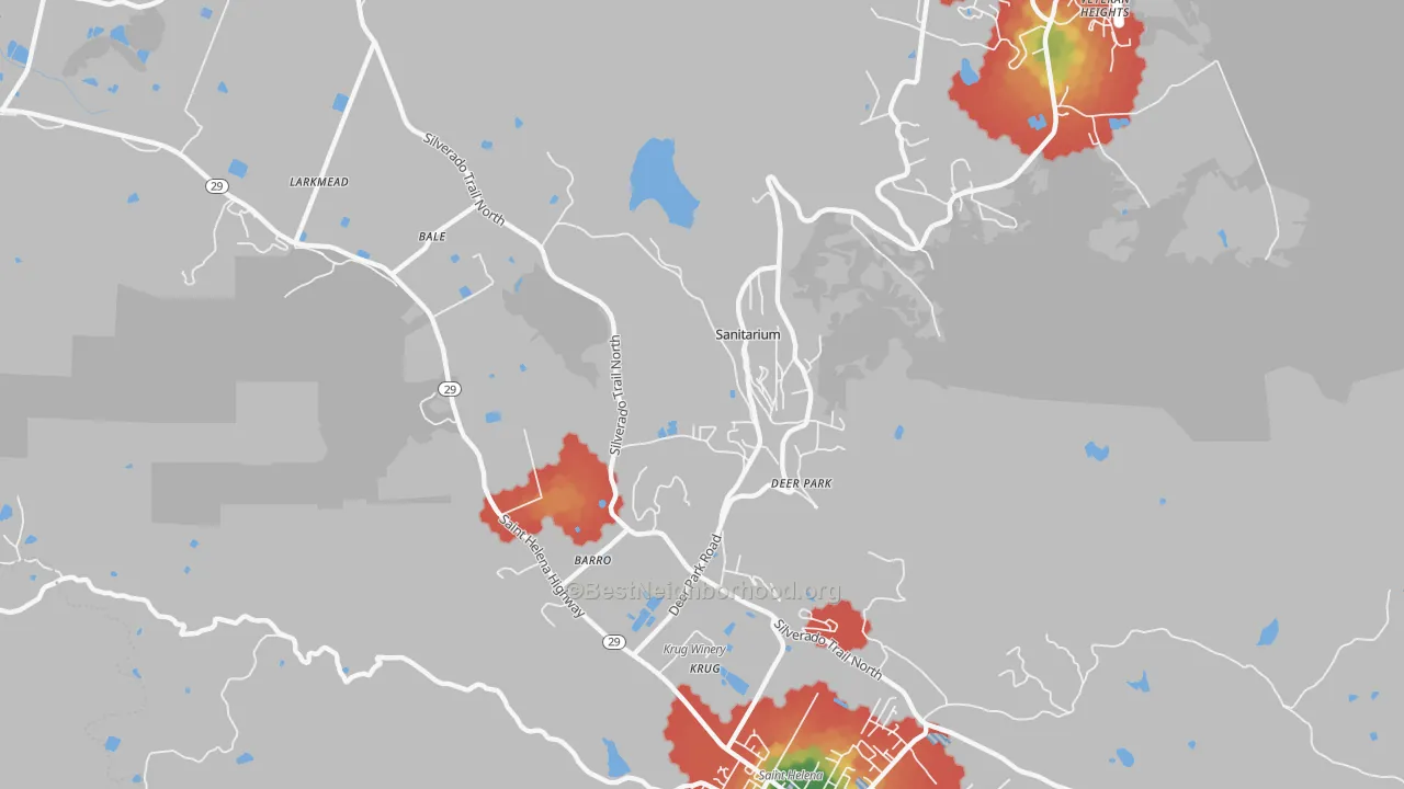 Walk Grade map of Deer Park, CA, walkable areas in green and car-dependent areas in red