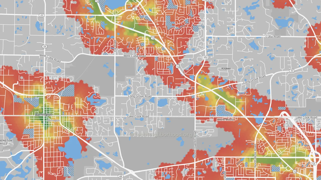 Walk Grade map of Deer Park, IL, walkable areas in green and car-dependent areas in red