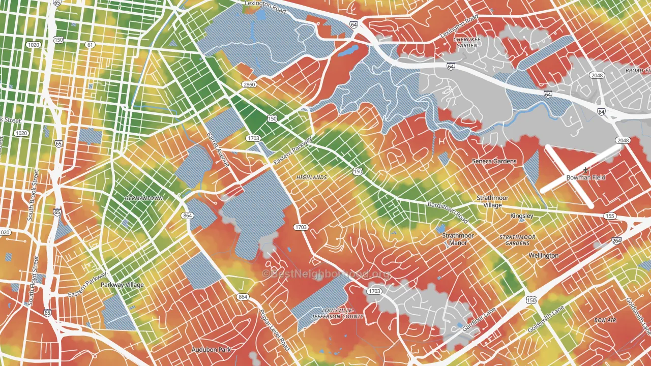 Walk Grade map of Deer Park, Louisville, KY, walkable areas in green and car-dependent areas in red