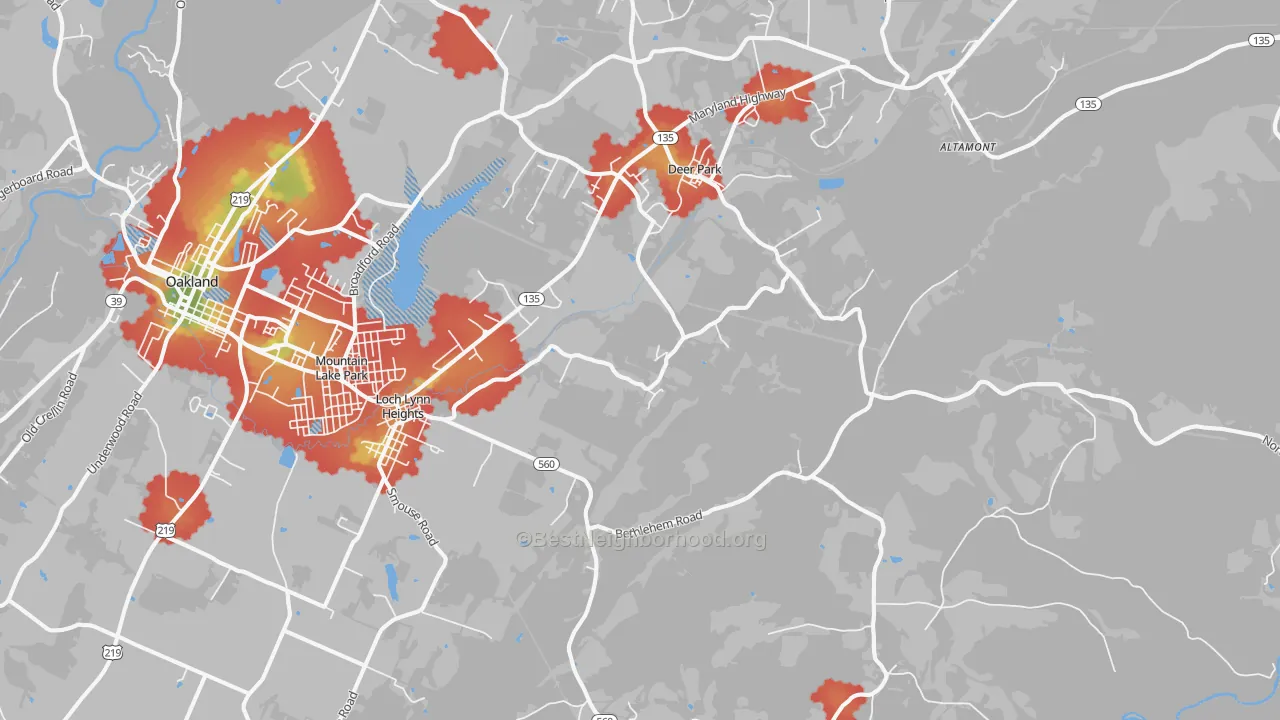 Walk Grade map of Deer Park, MD, walkable areas in green and car-dependent areas in red
