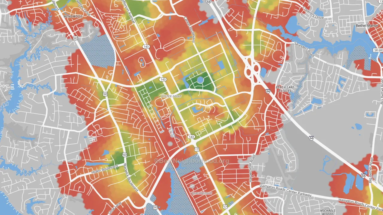 Walk Grade map of Deer Park, Newport News, VA, walkable areas in green and car-dependent areas in red
