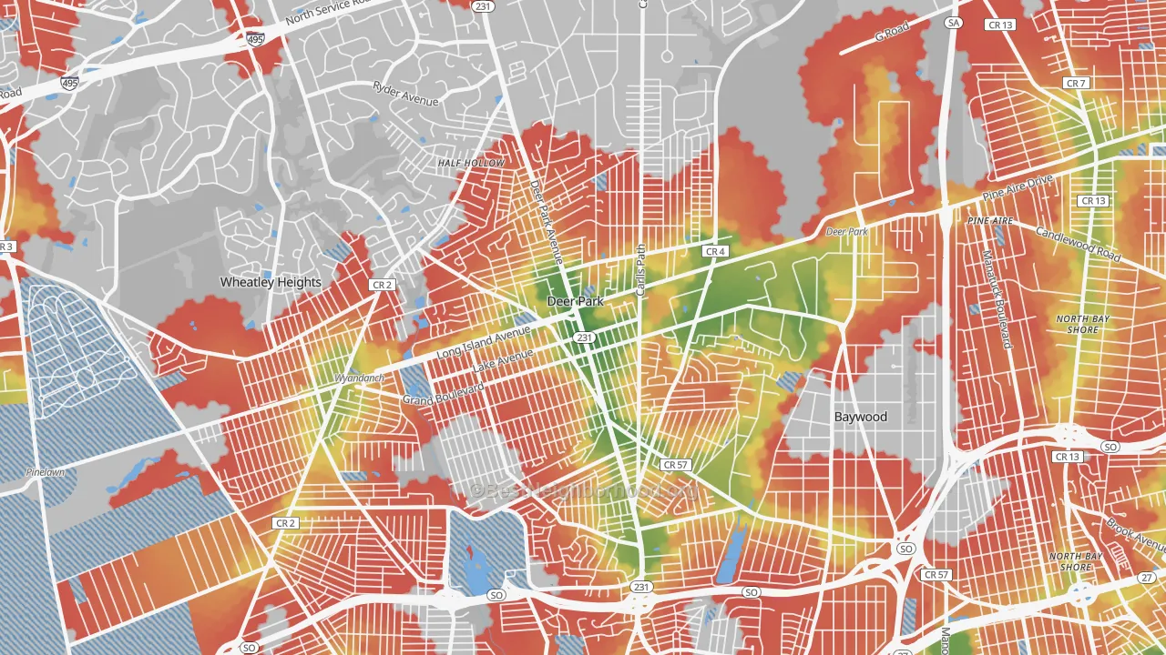 Walk Grade map of Deer Park, NY, walkable areas in green and car-dependent areas in red