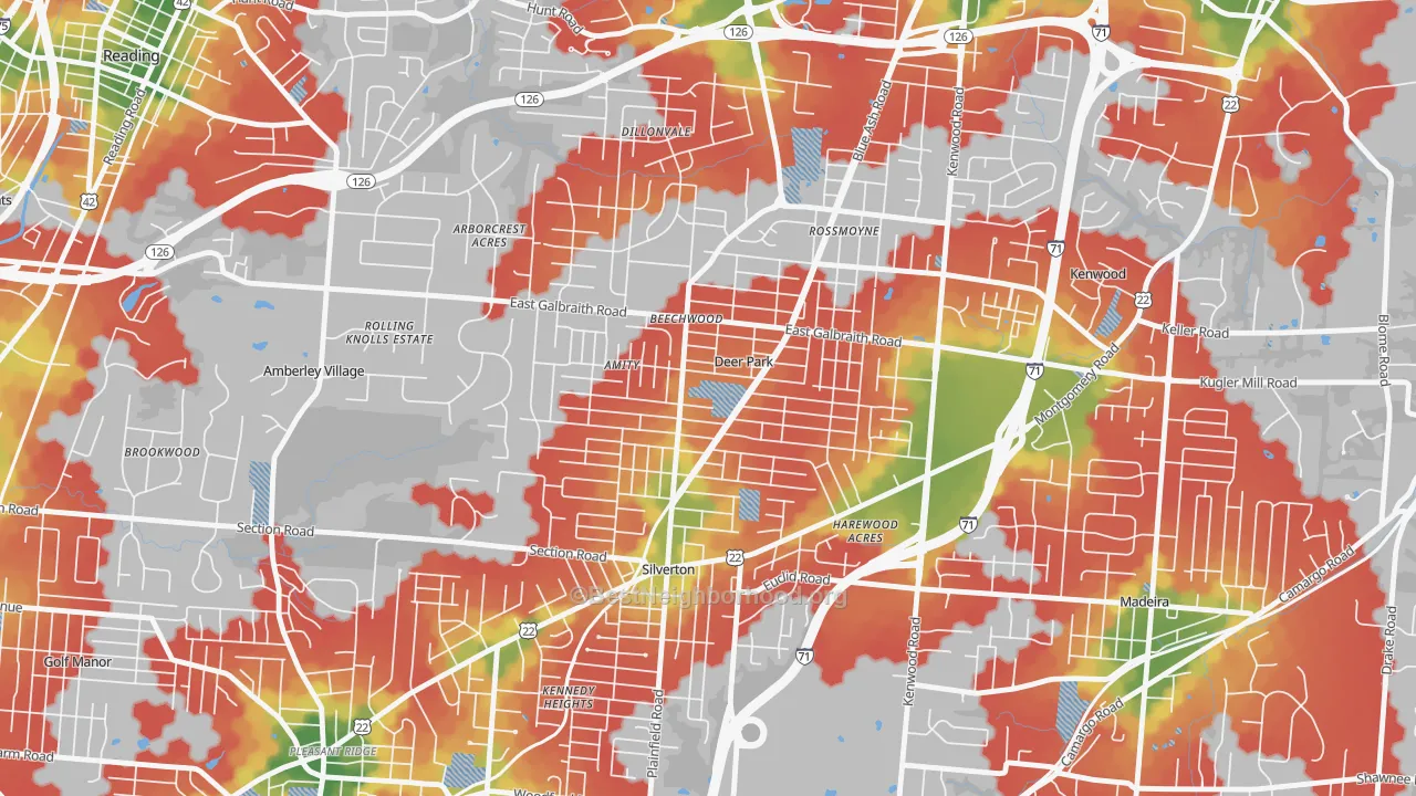 Walk Grade map of Deer Park, OH, walkable areas in green and car-dependent areas in red