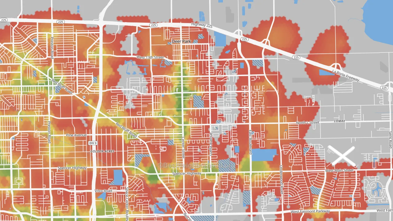 Walk Grade map of Deer Park, TX, walkable areas in green and car-dependent areas in red