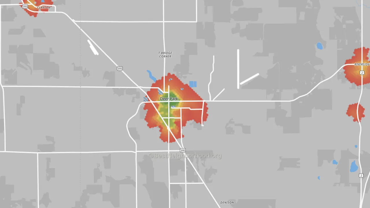 Walk Grade map of Deer Park, WA, walkable areas in green and car-dependent areas in red