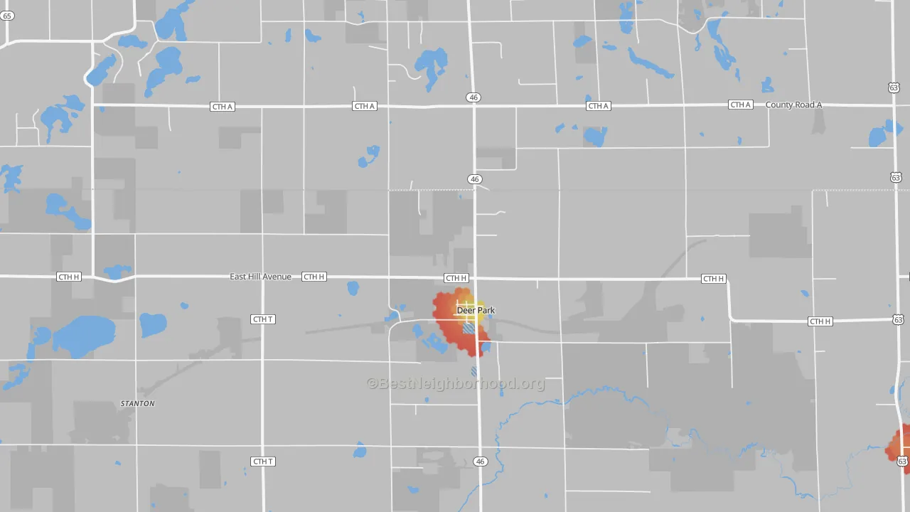 Walk Grade map of Deer Park, WI, walkable areas in green and car-dependent areas in red