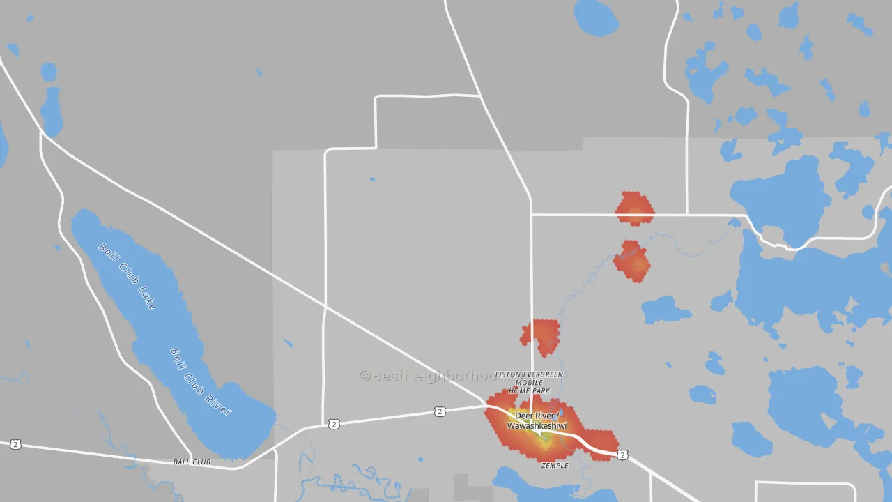 Walk Grade map of Deer River, MN, walkable areas in green and car-dependent areas in red