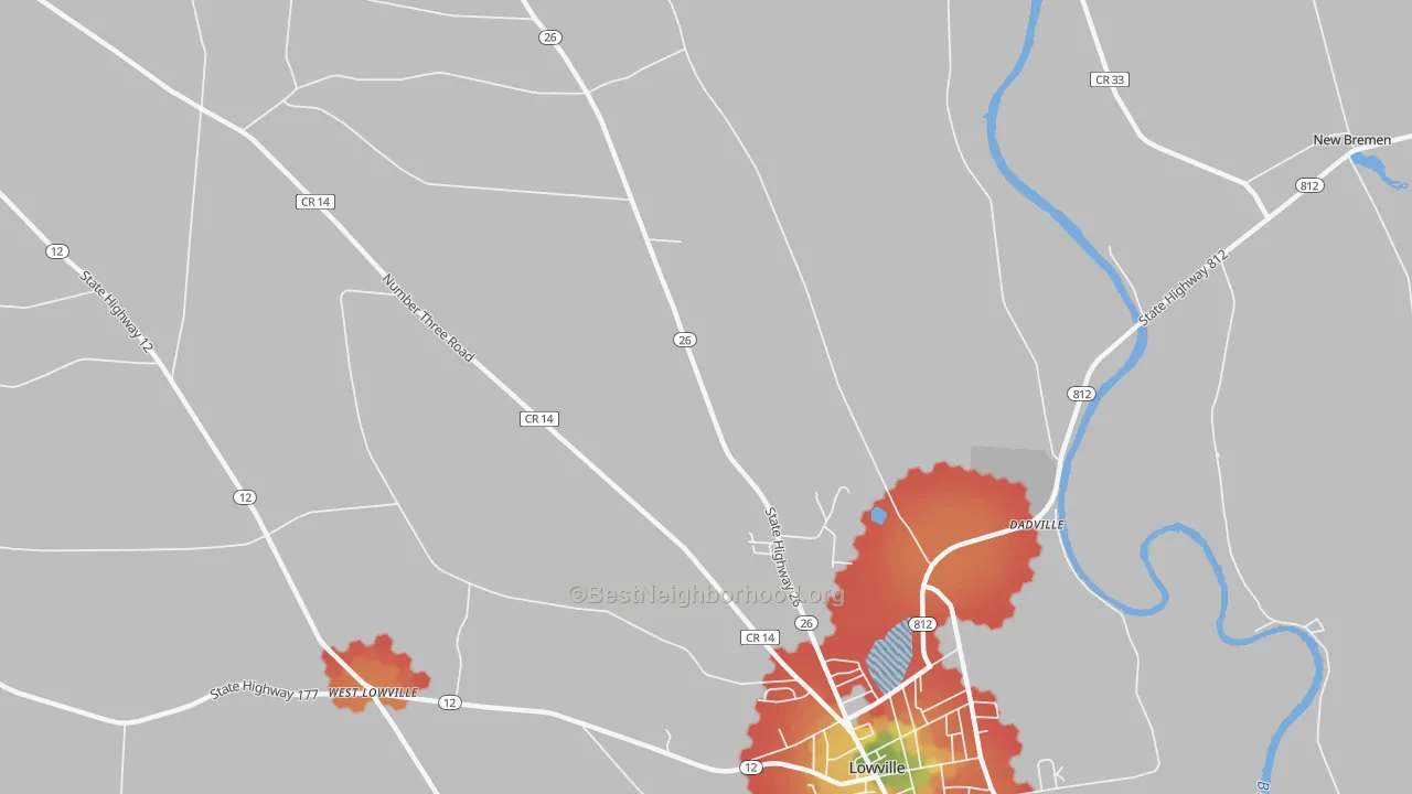 Walk Grade map of Deer River, NY, walkable areas in green and car-dependent areas in red