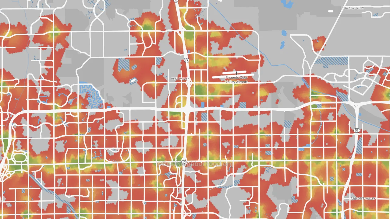 Walk Grade map of Deer Valley, Phoenix, AZ, walkable areas in green and car-dependent areas in red