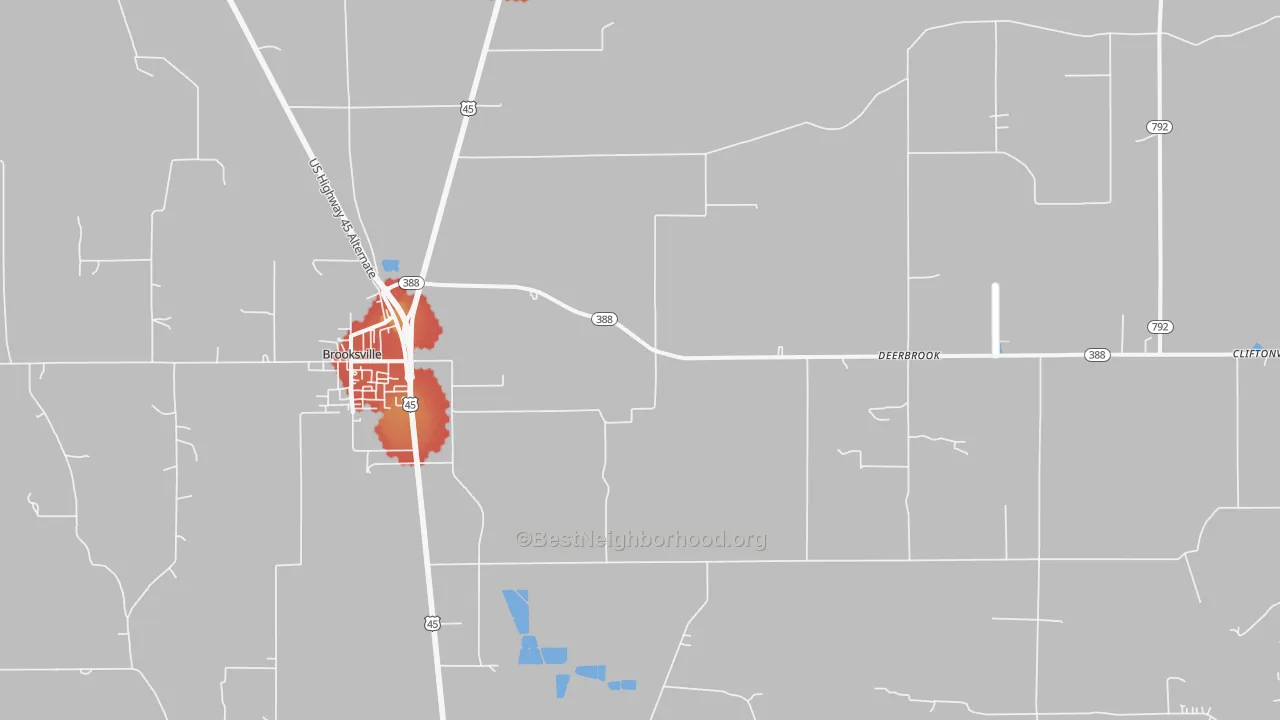 Walk Grade map of Deerbrook, MS, walkable areas in green and car-dependent areas in red