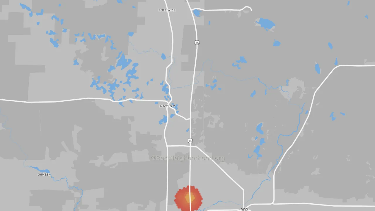 Walk Grade map of Deerbrook, WI, walkable areas in green and car-dependent areas in red
