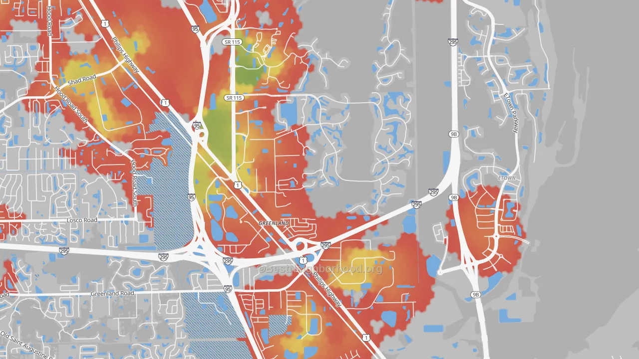 Walk Grade map of Deercreek, Jacksonville, FL, walkable areas in green and car-dependent areas in red