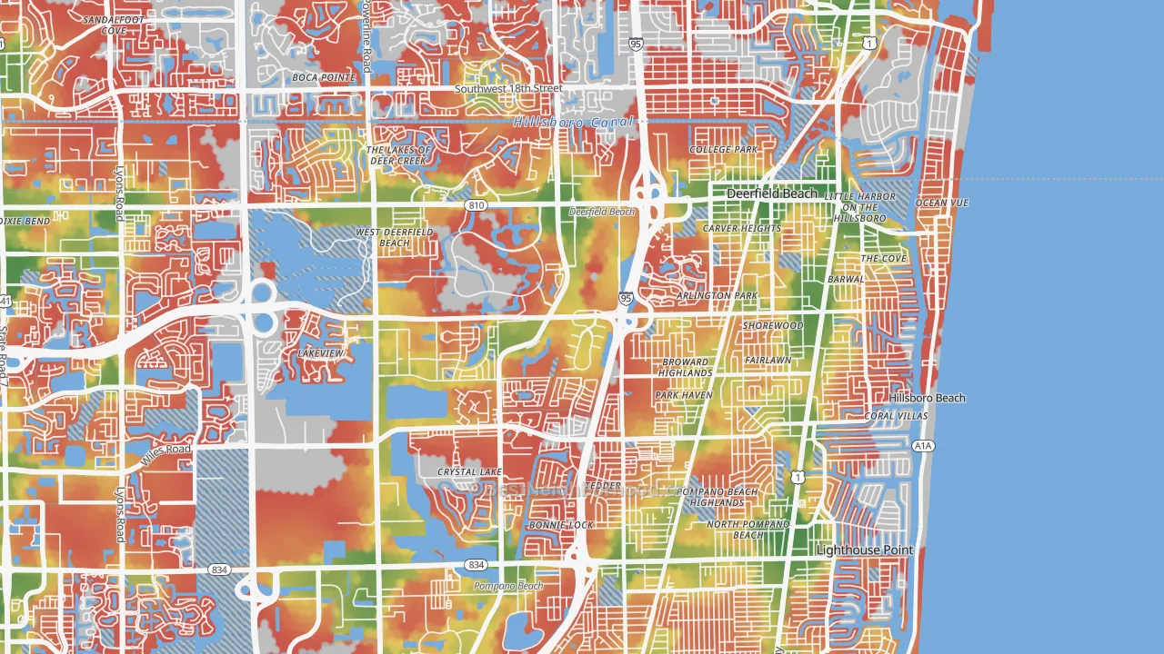 Walk Grade map of Deerfield Beach, FL, walkable areas in green and car-dependent areas in red