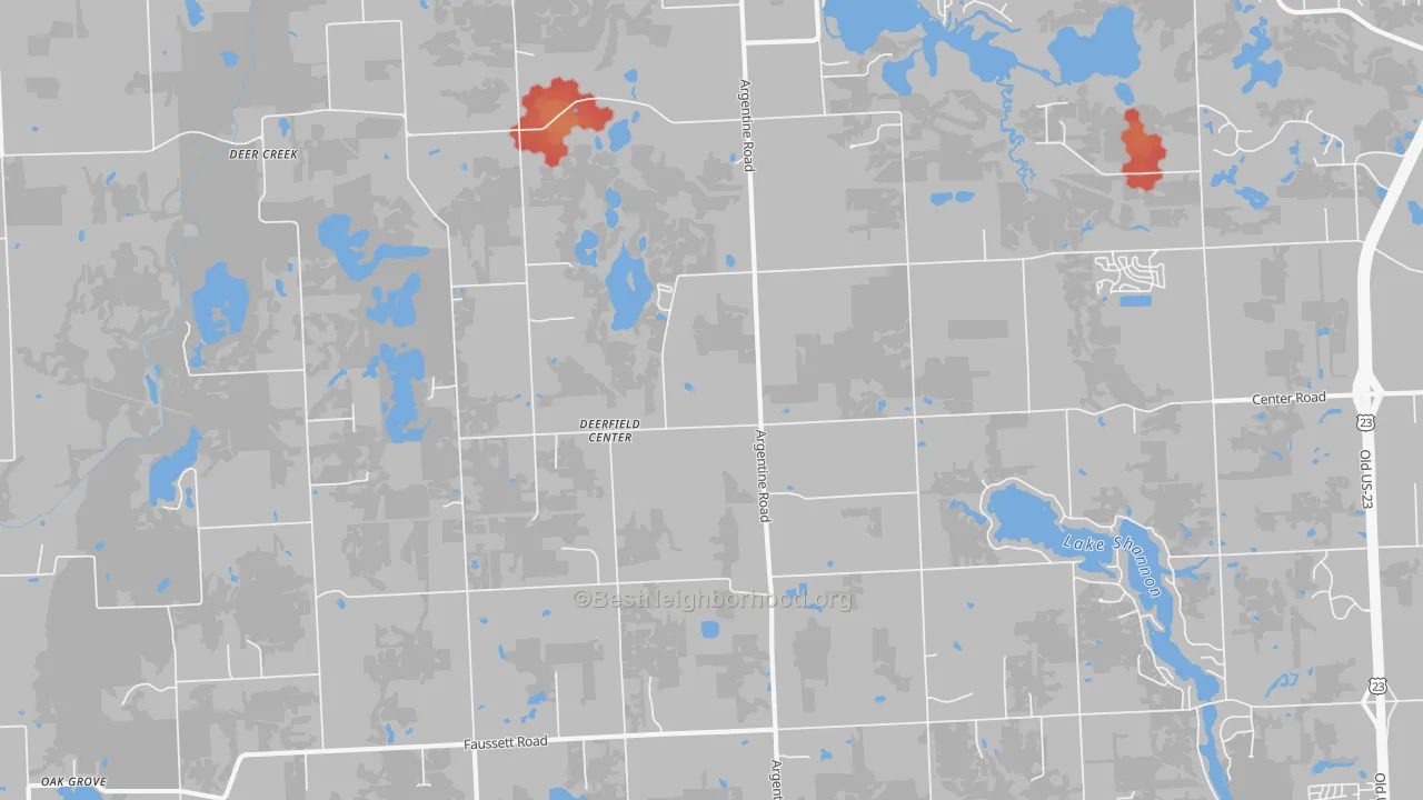 Walk Grade map of Deerfield Center, MI, walkable areas in green and car-dependent areas in red