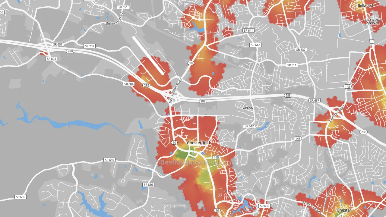 Walk Grade map of Deerfield Estates, VA, walkable areas in green and car-dependent areas in red