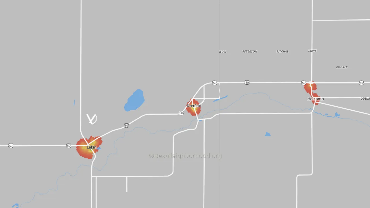 Walk Grade map of Deerfield, KS, walkable areas in green and car-dependent areas in red