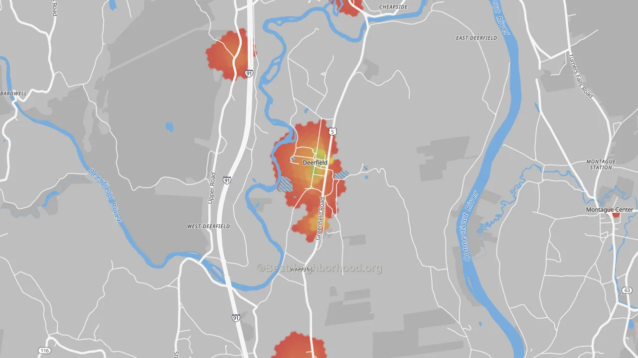 Walk Grade map of Deerfield, MA, walkable areas in green and car-dependent areas in red