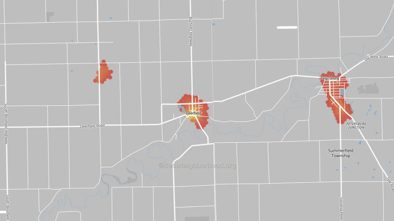 Walk Grade map of Deerfield, MI, walkable areas in green and car-dependent areas in red