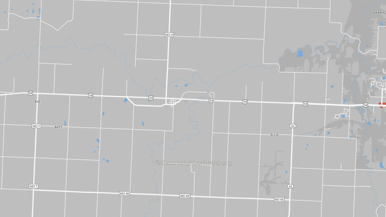 Walk Grade map of Deerfield, MO, walkable areas in green and car-dependent areas in red
