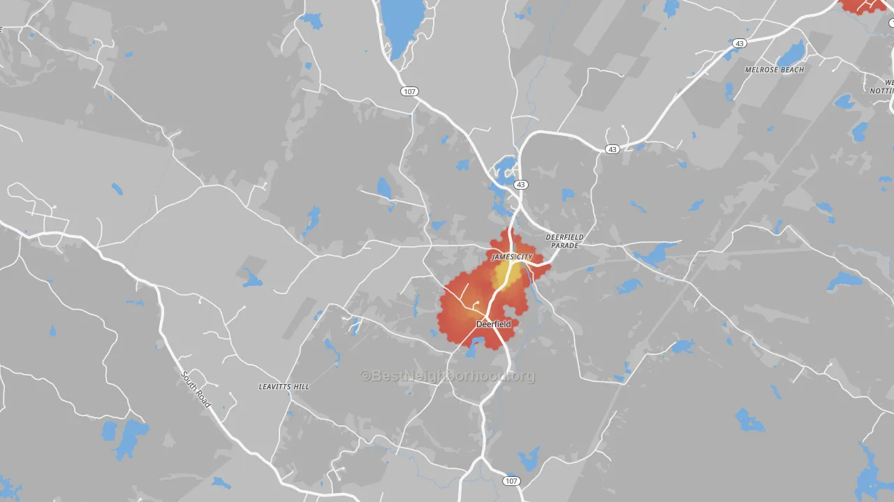 Walk Grade map of Deerfield, NH, walkable areas in green and car-dependent areas in red