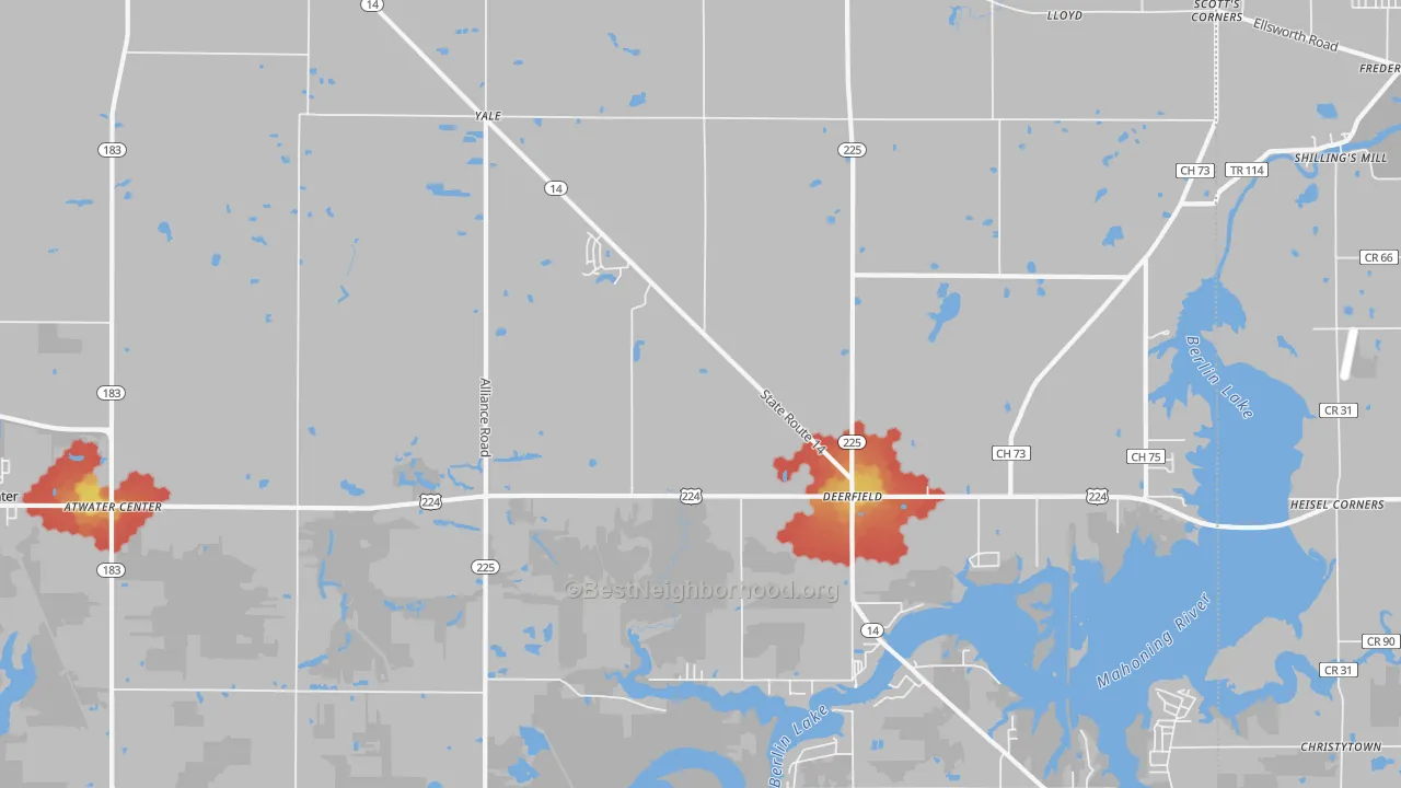 Walk Grade map of Deerfield, OH, walkable areas in green and car-dependent areas in red