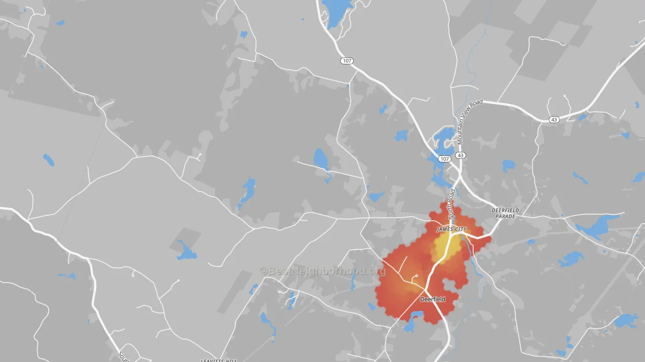Walk Grade map of Deerfield Parade, NH, walkable areas in green and car-dependent areas in red