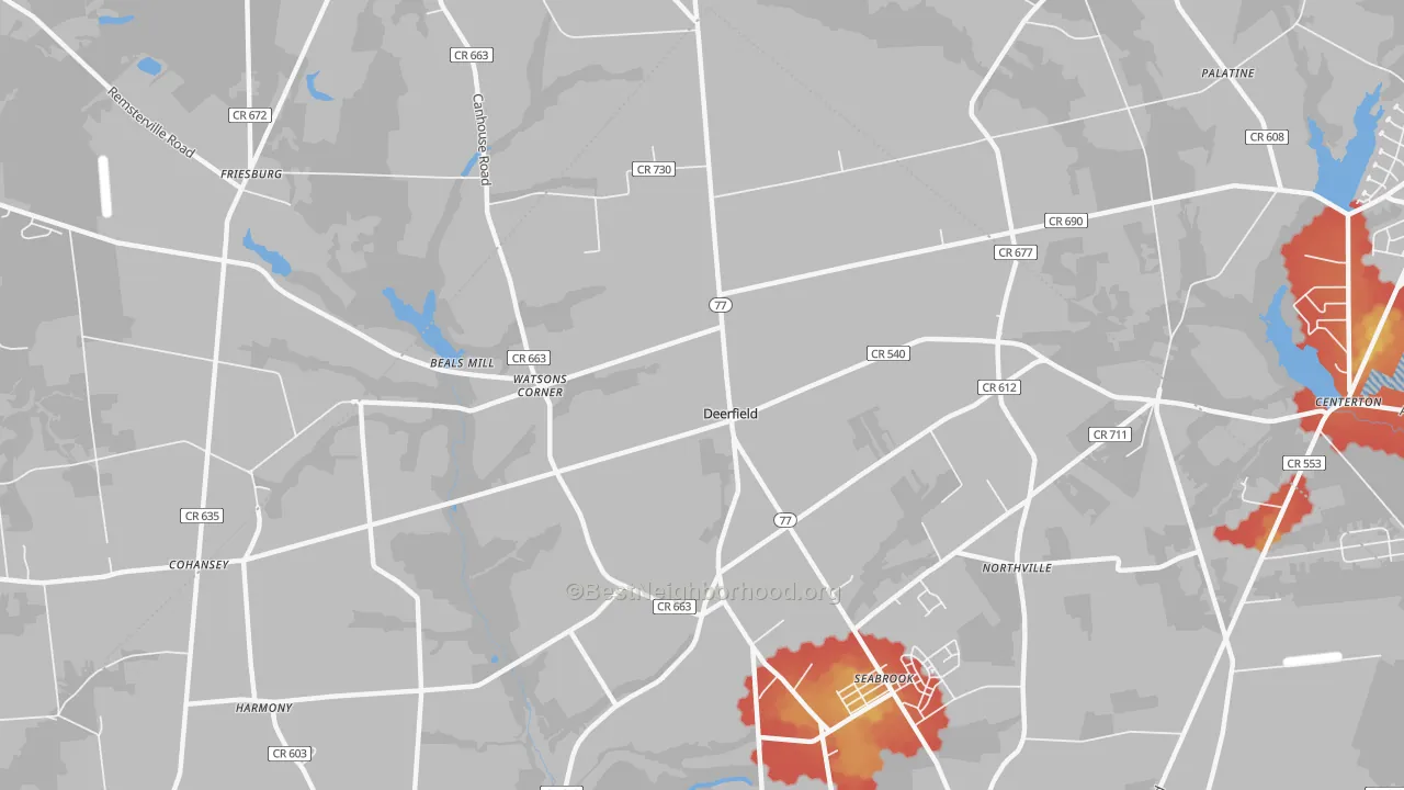 Walk Grade map of Deerfield Street, NJ, walkable areas in green and car-dependent areas in red