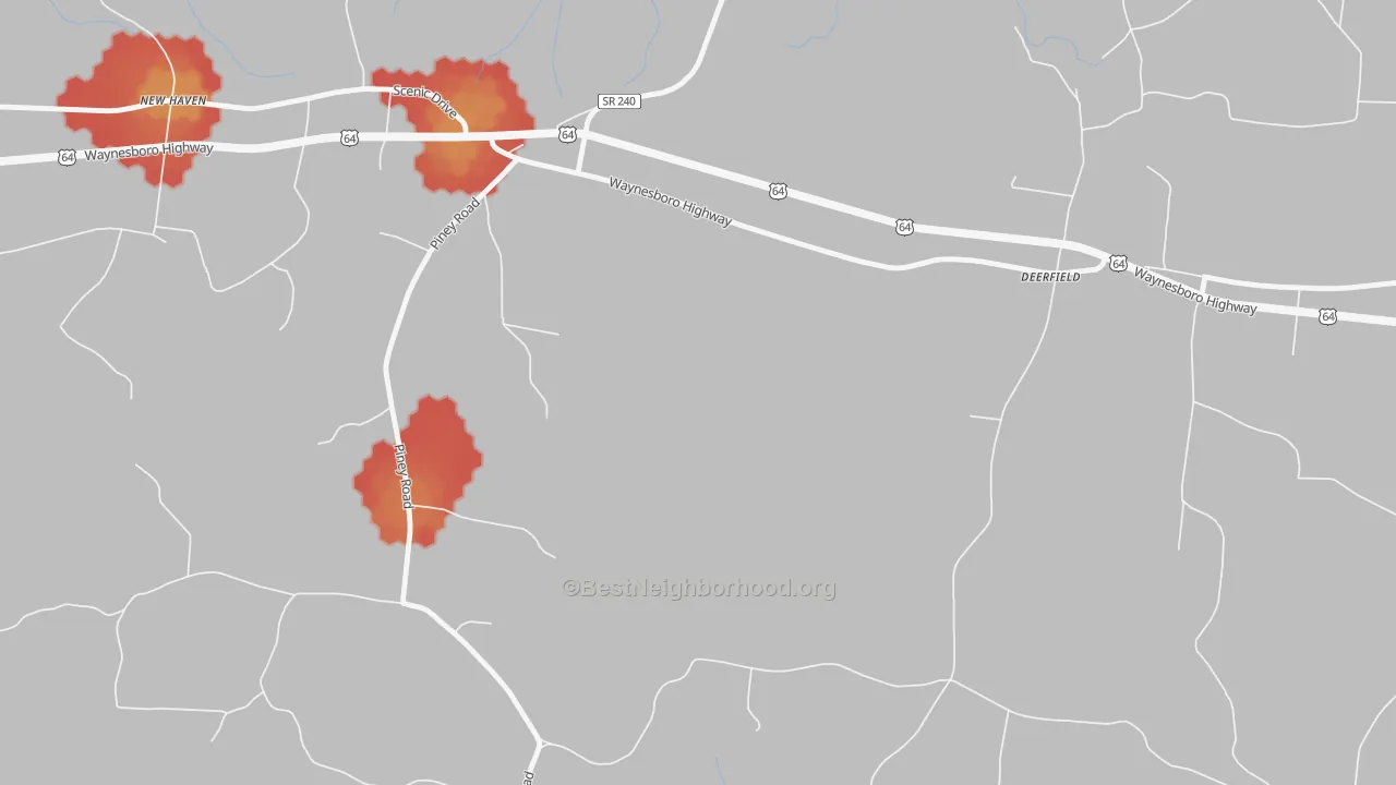 Walk Grade map of Deerfield, TN, walkable areas in green and car-dependent areas in red