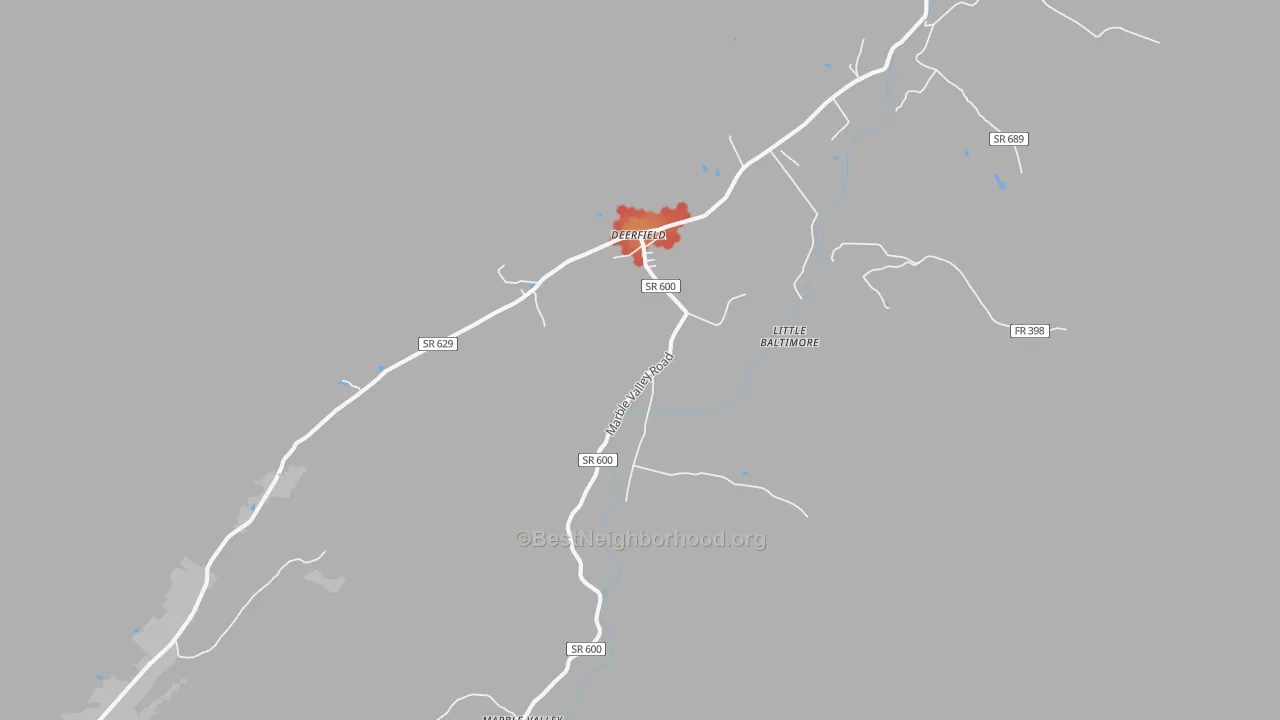 Walk Grade map of Deerfield, VA, walkable areas in green and car-dependent areas in red